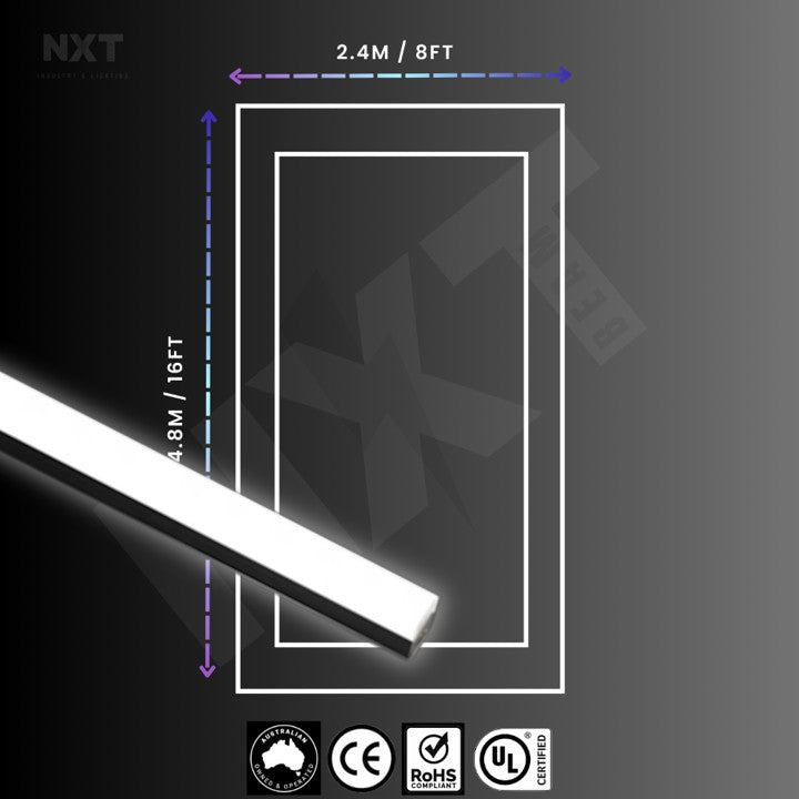 LED strip light with dimensions and certification logos on a dark background