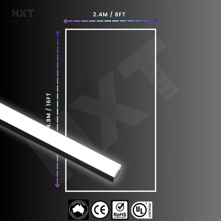 NXT LED strip light with dimensions and certification logos on a dark background