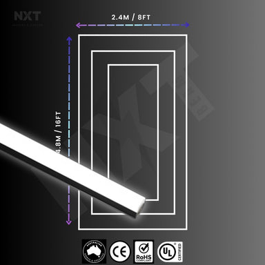 LED strip light with dimensions and certification logos on a dark background