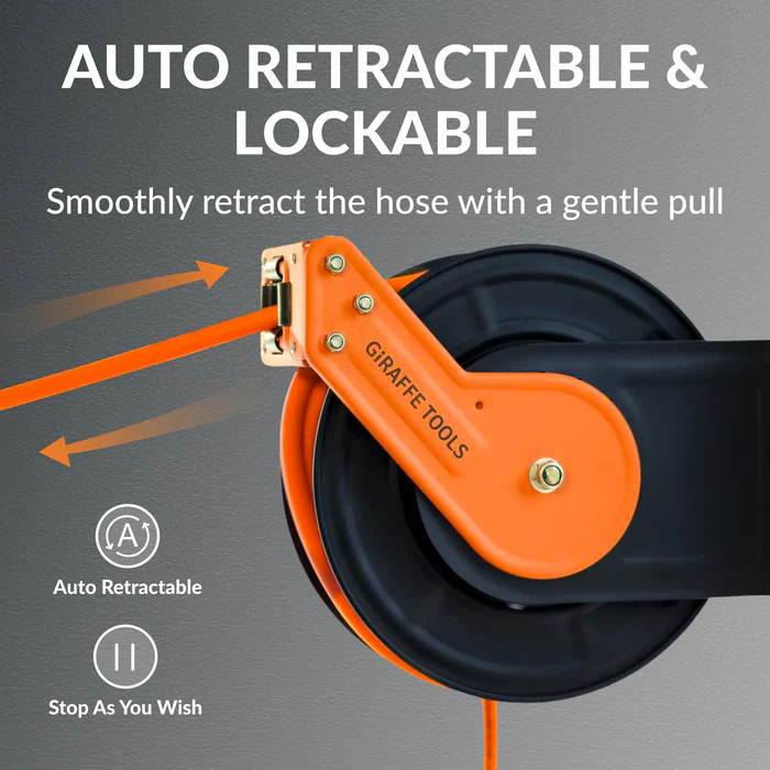 Retractable Air Hose Reel-Alloy Steel-3/8in-15m Auto Retractable & Lockable
