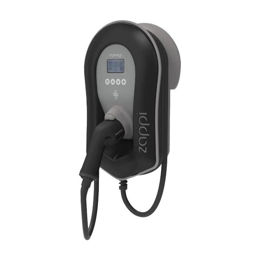 Black and gray electric vehicle charging station with 'Zappi' branding on a white background