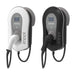 Two Zappi electric vehicle chargers, one white and one black, on a white background.