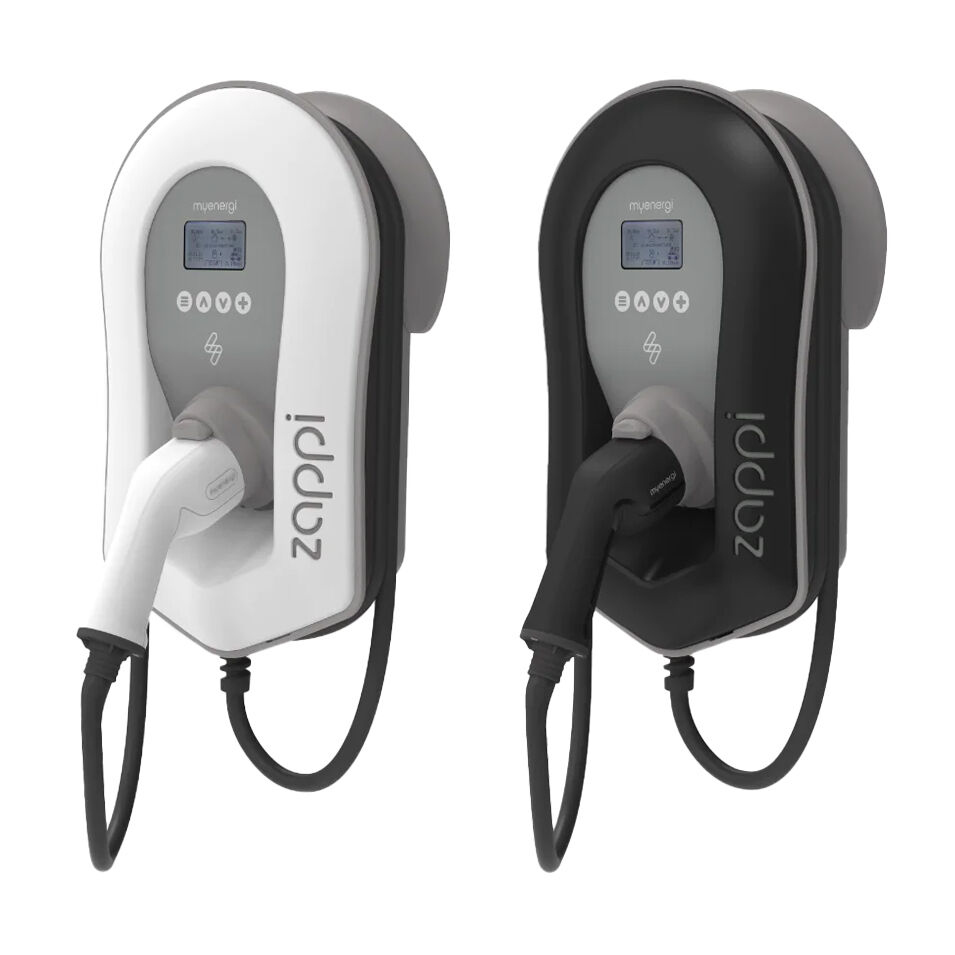 Two Zappi electric vehicle chargers, one white and one black, on a white background.
