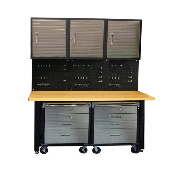 MAXIM 8 Piece Garage Storage System & Mounting Kit - Workbench, Peg Board & Roll Cabinets